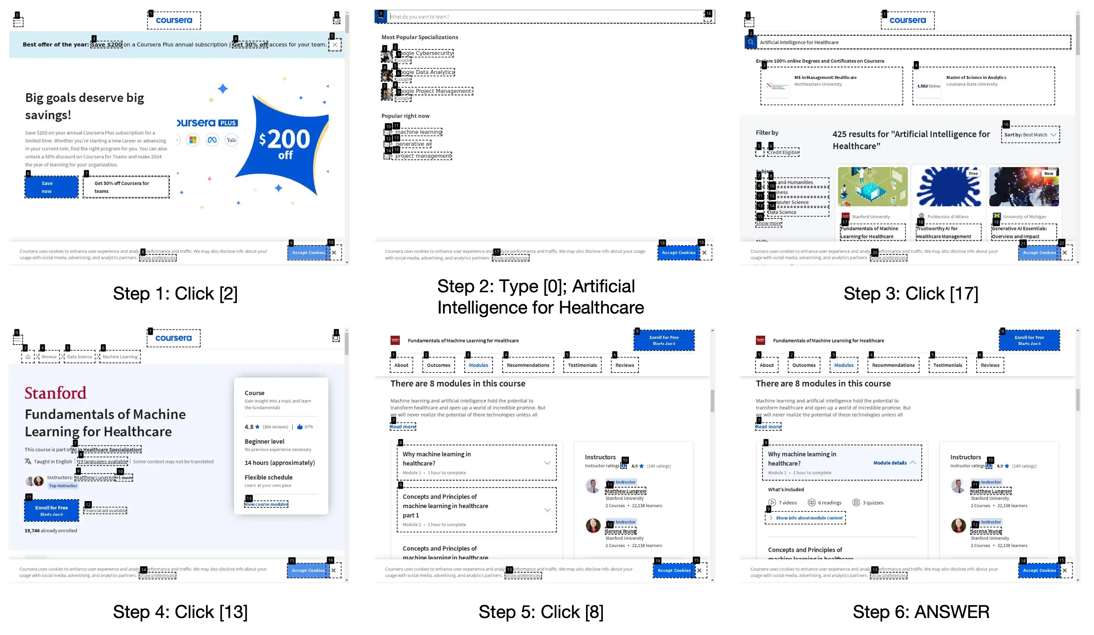 图 25：Coursera 网站的一个错误实例。任务是：“在 Coursera 上找到一门关于医疗保健领域人工智能的课程，并记录下课程时长及评估中的测验数量。”智能体的回答是：“第一模块包含评估中的 3 个测验。”但它未能提供其他模块的信息。