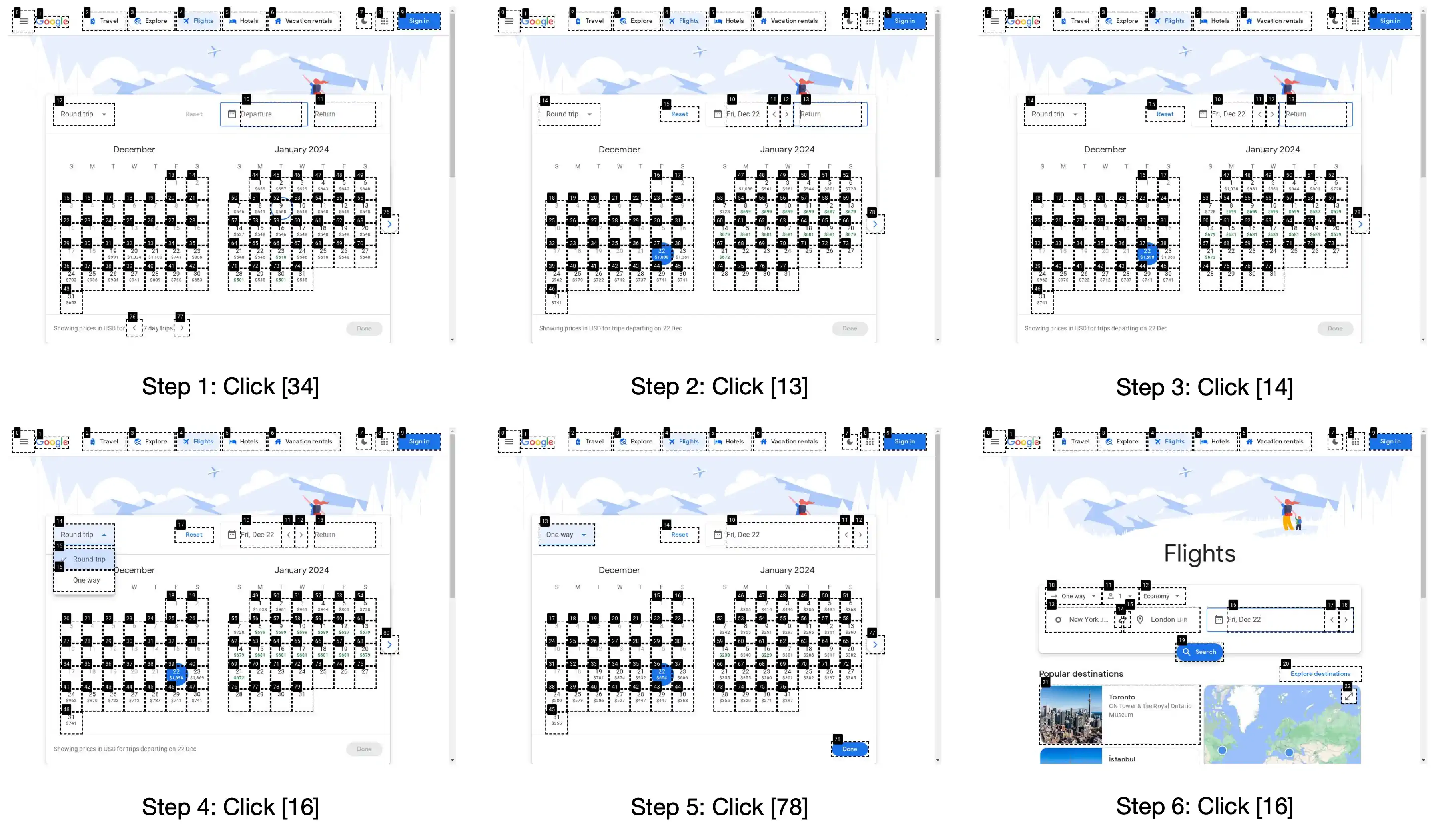 图 23: Google Flights 操作过程中的一个错误案例。任务描述是：“在所有符合条件的单程航班中寻找最低票价。”对于一位成人从 JFK 飞往希思罗的航班，日期定在 1 月 22 日。但是，智能体在选择日期时出错，没有选中 1 月 22 日。