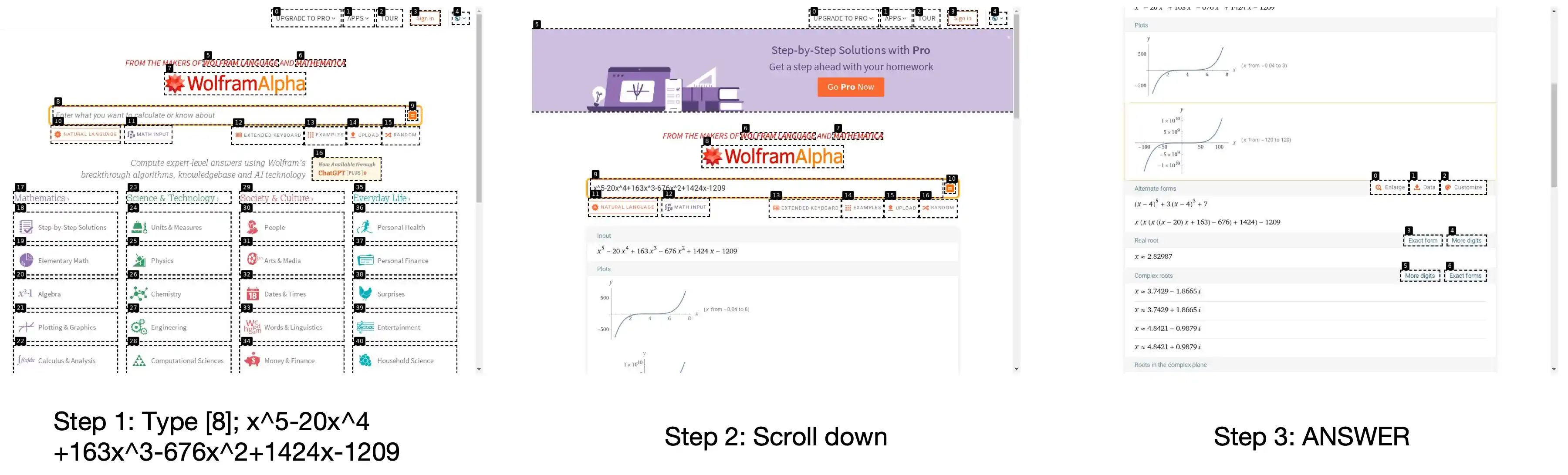 图 22: 浏览 Wolfram Alpha 过程的完整截图。任务描述是：“简化数学表达式 x^5-20x^4+163x^3-676x^2+1424x-1209，使之变得更简洁。”智能体与 Wolfram Alpha 网站互动后，得出了这样的答案：“简化后的表达式为 (x - 4)^5 + 3(x - 4)^3 + 7。”