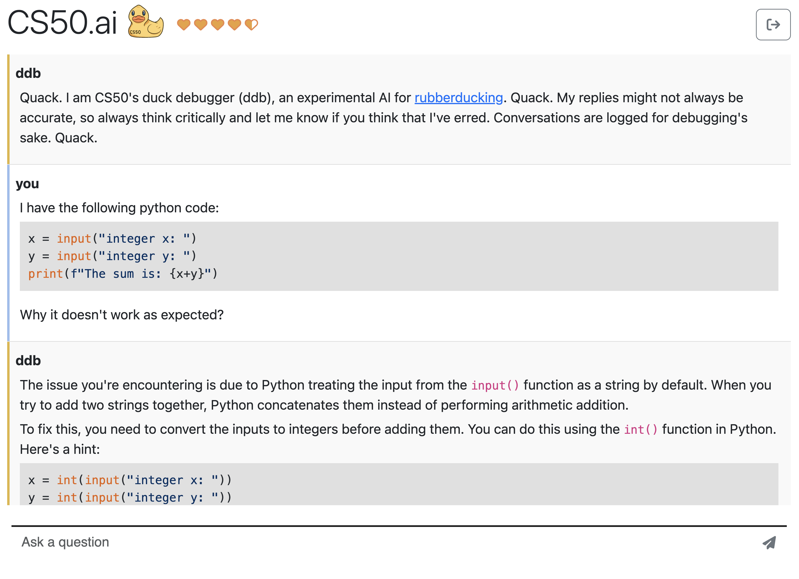 图 1: 在 CS50.ai 的主页上，学生们可以与 CS50 小黄鸭进行交流，这是一个互动型的“小黄鸭调试工具”。