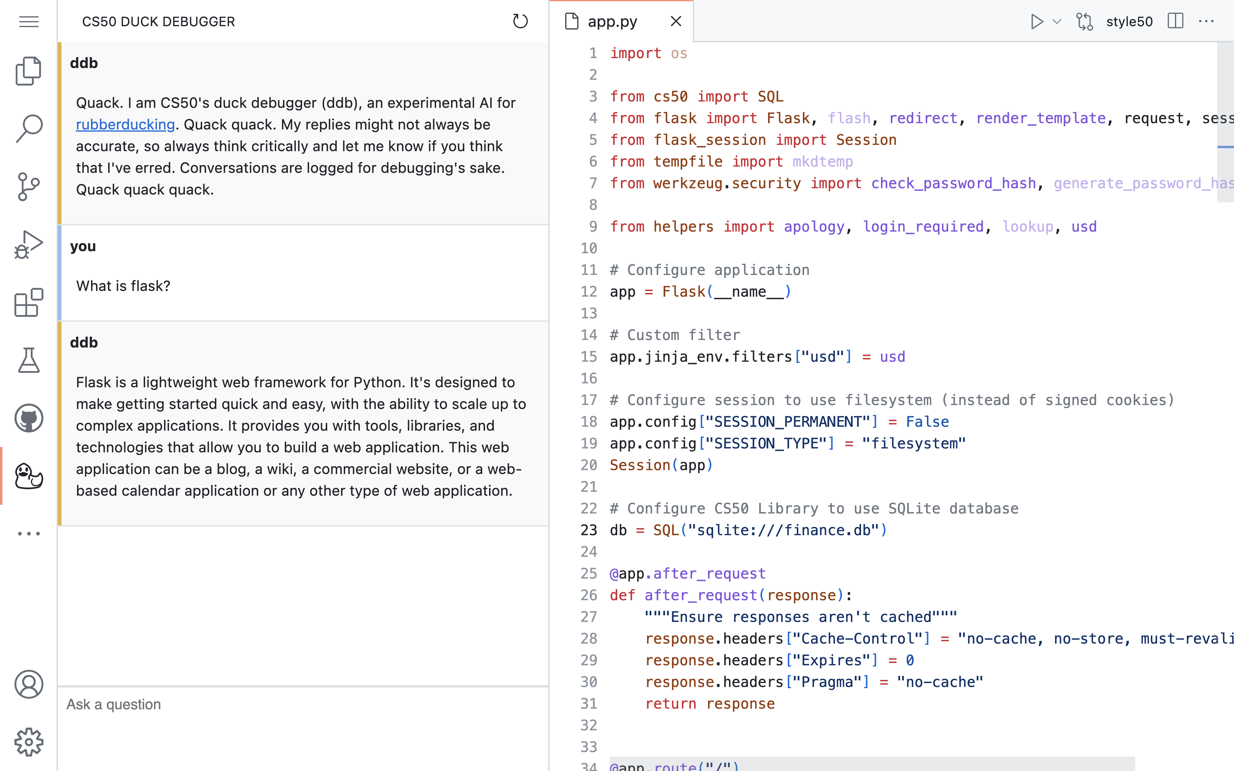 图 2: CS50 的学生也可以在 VS Code 中使用 CS50 小黄鸭，讨论计算机科学相关话题、解析代码，或提出代码风格改进建议。